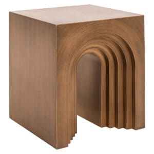 Moderne bijzettafel in brushed gold met unieke boogvormige design.