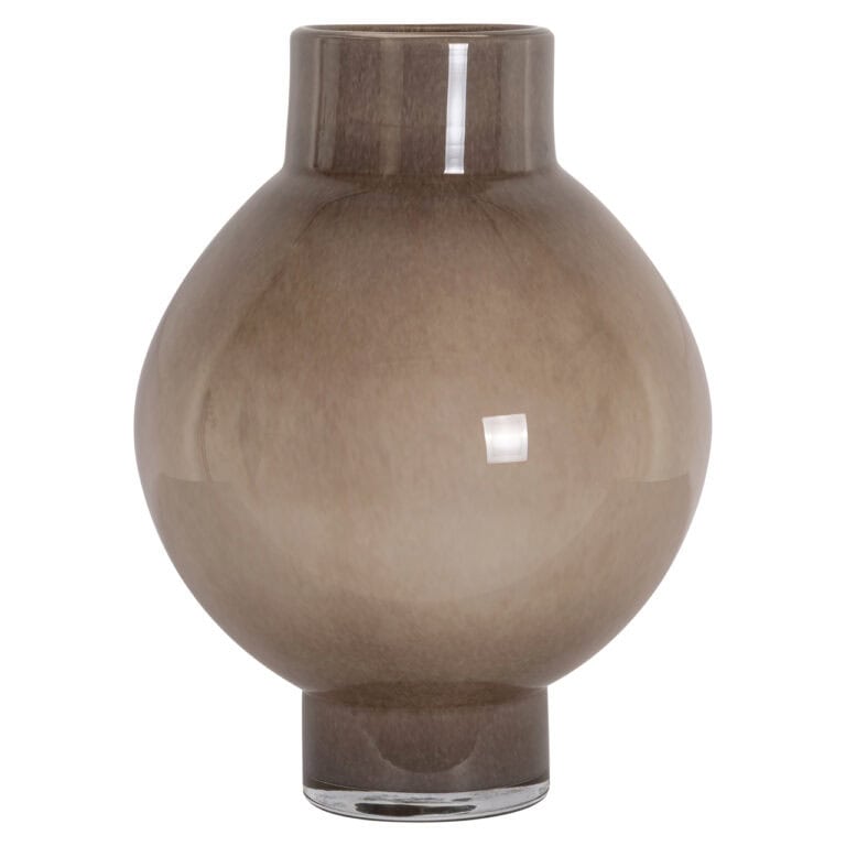 Taupe gekleurde vaas van keramiek, grote ronde vorm, elegant design.