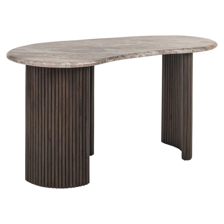 Modern desk with a beige " blush " tabletop and dark wooden legs.