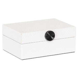 Small white storage box with a black knob for organization.