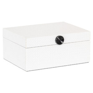 Large white storage box with a black knob for organization.