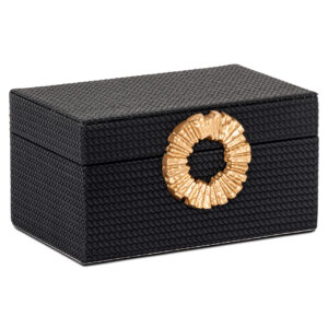 Black storage box with a gold decorative ring for elegant storage.