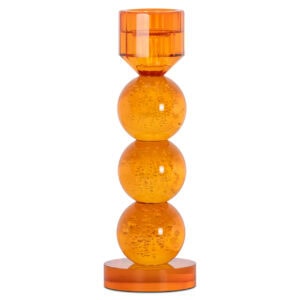 Kleine oranje glazen kandelaar met bubbels, modern design.