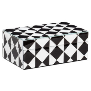 Small black-and-white storage box with a geometric pattern.