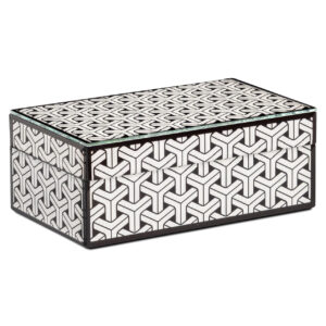 Kleine schwarz-weiße Aufbewahrungsbox mit geometrischem Muster.