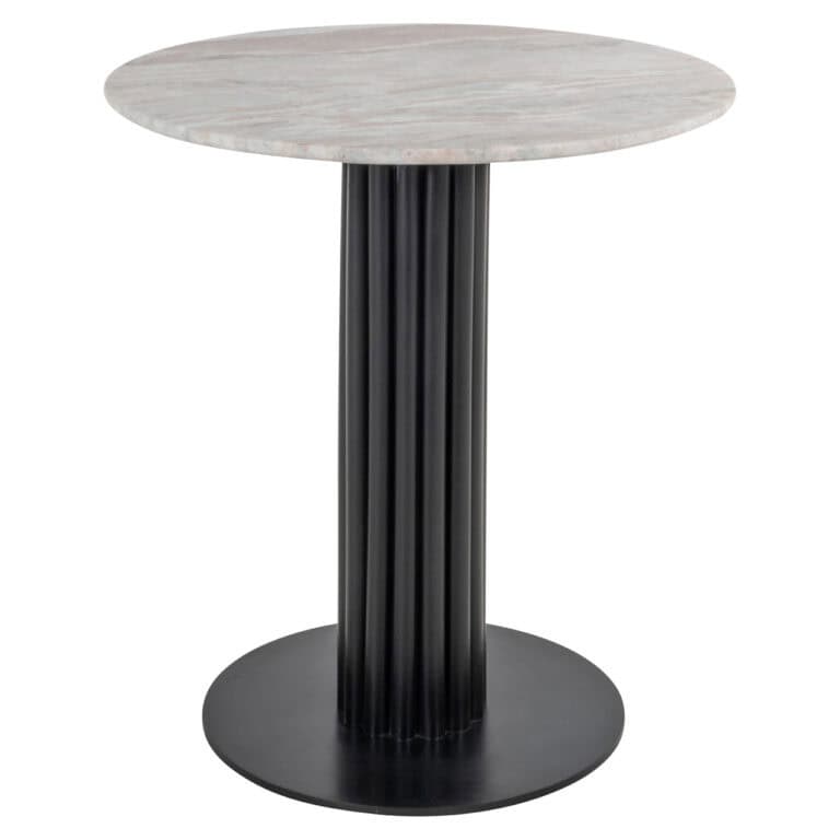 Moderner Bistrotisch mit einer Tischplatte in der Farbe „ blush “ (beige) und einem schwarzen Untergestell.