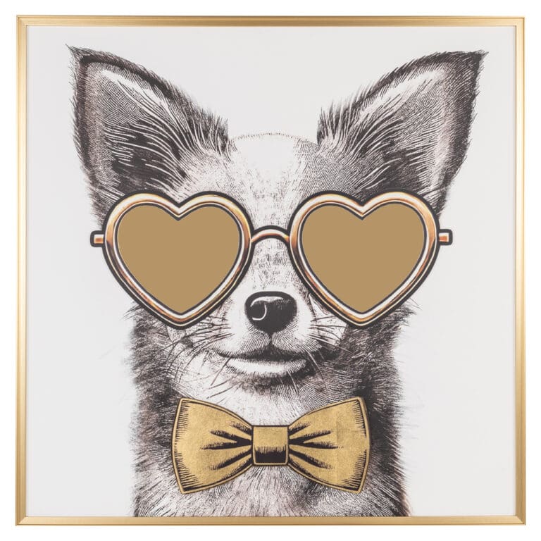 Kunstwerk met hond, hartvormige zonnebril en strik in zwart en goud.