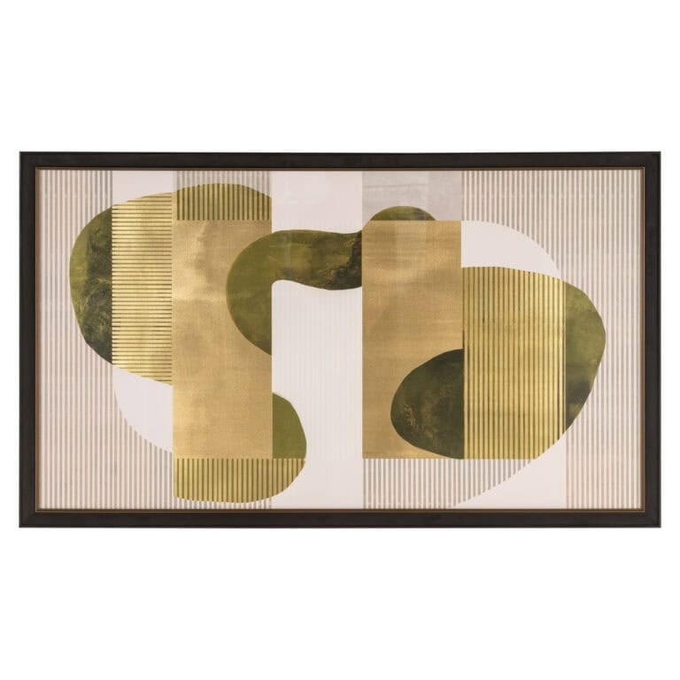 Abstracte muurkunst met groene en gouden tinten in een zwart frame.