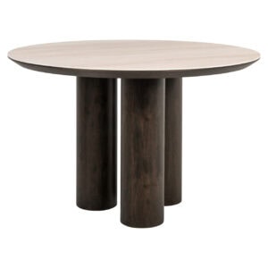 Eettafel Ritz met ronde lichthouten blad en donkere houten poten.