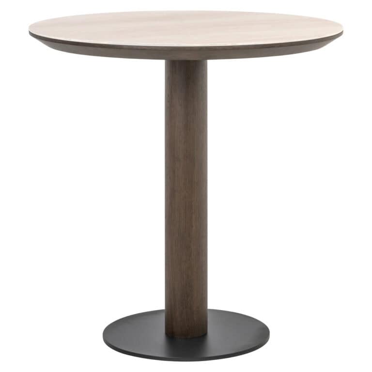 Moderne bistrotafel Ritz met ronde houten top en metalen voet.