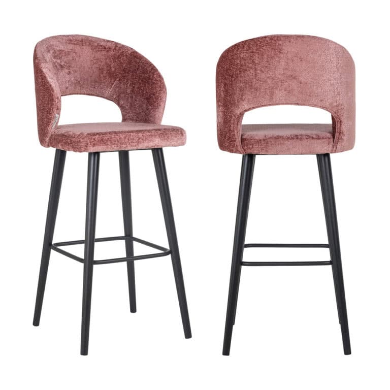 Moderner Barhocker Savoy rosa Samtbezug und schwarzen Beinen.
