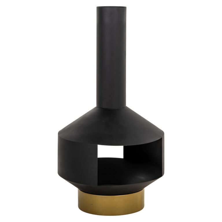 Modern black Quinn fire pit Quinn an open-hearth design and a gold-colored base.