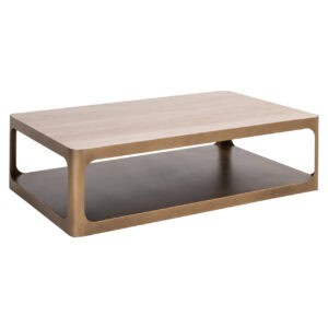 Moderner beiger Couchtisch mit schwarzer Unterplatte im Wohnzimmer.