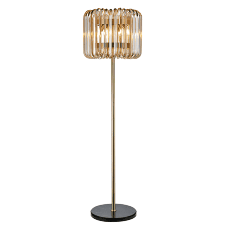 Elegante bronzen vloerlamp met modern design en warme verlichting.