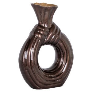 Kleine dunkelbraune Vase mit runder Form und einzigartiger Struktur.
