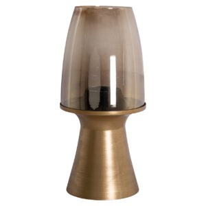 Brushed gold Hurricane light with glass shade for atmospheric lighting.