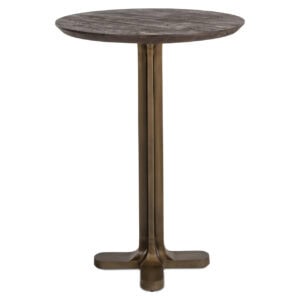 Revelin bartafel in donkerbruin met ronde houten blad en metalen onderstel.