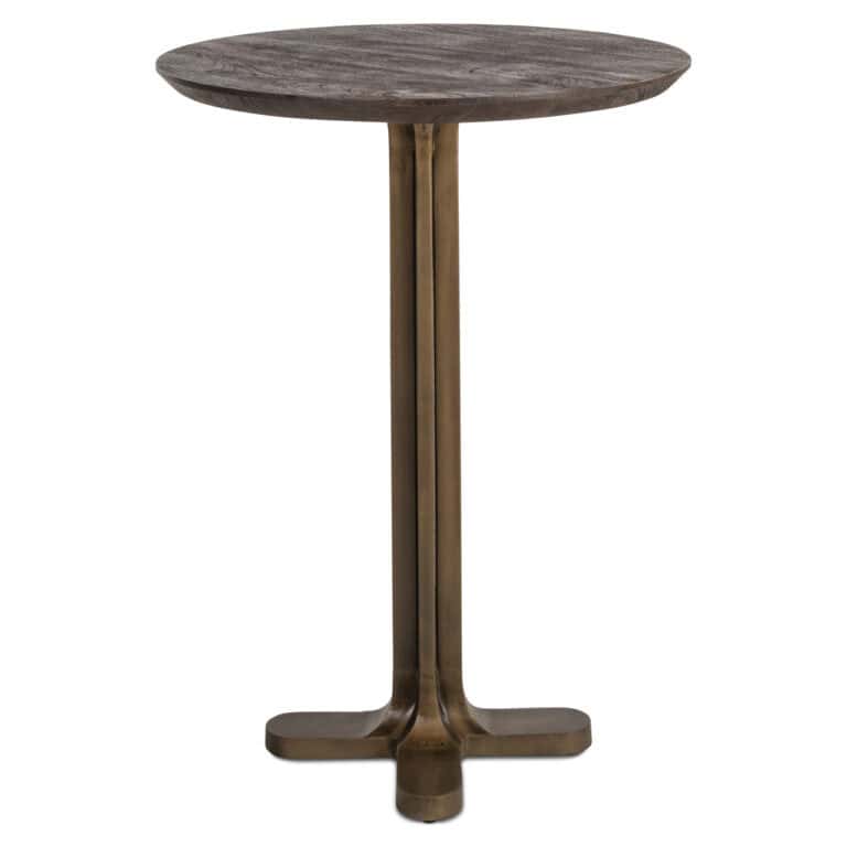 Revelin bartafel in donkerbruin met ronde houten blad en metalen onderstel.