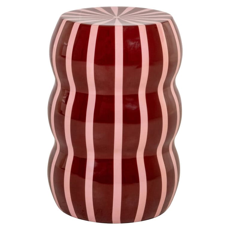 Yalou bijzettafel met golvende vorm en rood-roze strepen.