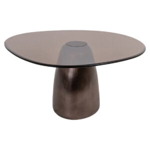 Moderne bronzen salontafel met ronde glazen top en houten basis.
