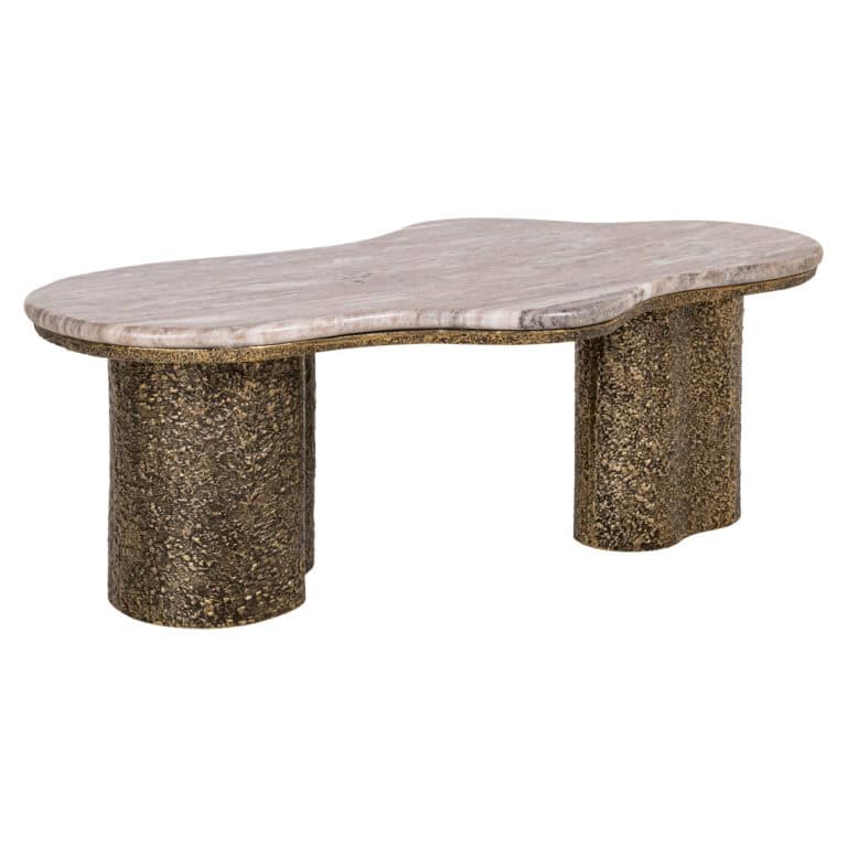 Unieke salontafel Abandos met marmeren blad en gouden pootjes.