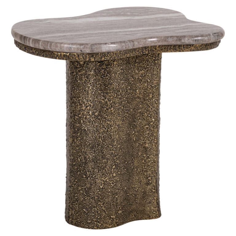 Bijzettafel Abandos met een antieke brass afwerking en uniek ontwerp.