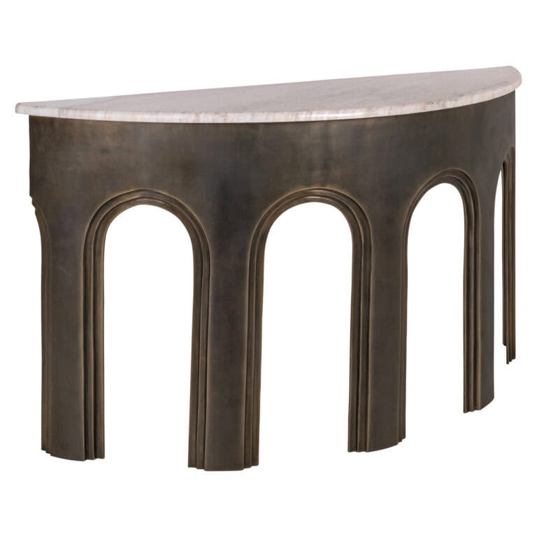 Antique Sanchis console table with a marble top and gold accents.