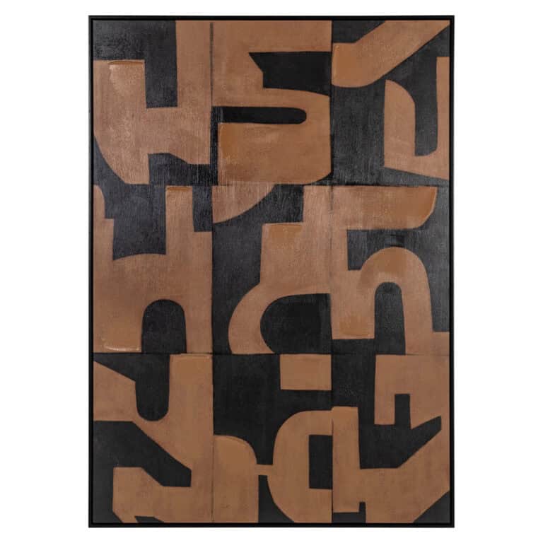 Œuvre d'art mural moderne aux formes abstraites, dans des tons de marron et de noir.