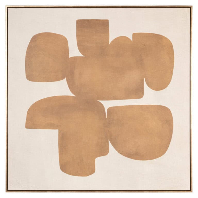 Œuvre d'art mural moderne aux formes abstraites de couleur dorée sur un fond clair.