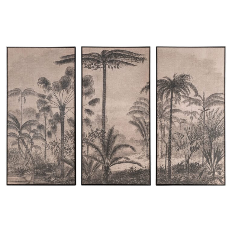 Set aus 3 Wandbildern mit tropischer Landschaft in Brauntönen.