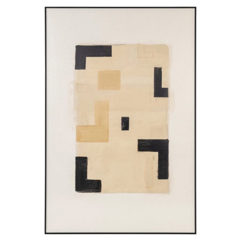 Œuvre d'art mural abstraite moderne, dans les tons beige et noir, destinée à la décoration d'intérieur.