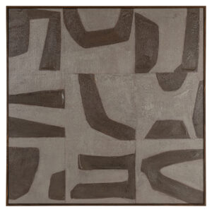 Moderne abstrakte Wandkunst mit sandfarbenen und dunklen Formen.