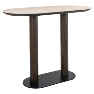 Modern Ritz bar table Ritz a wood finish and a black metal base.