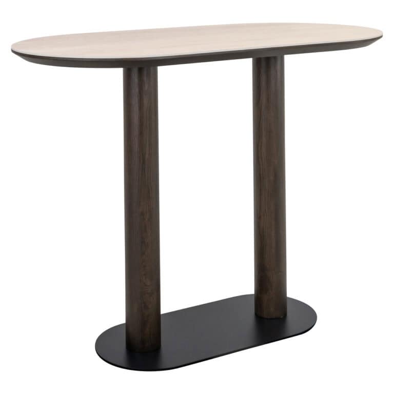 Moderne bartafel Ritz met houten afwerking en zwart metalen basis.
