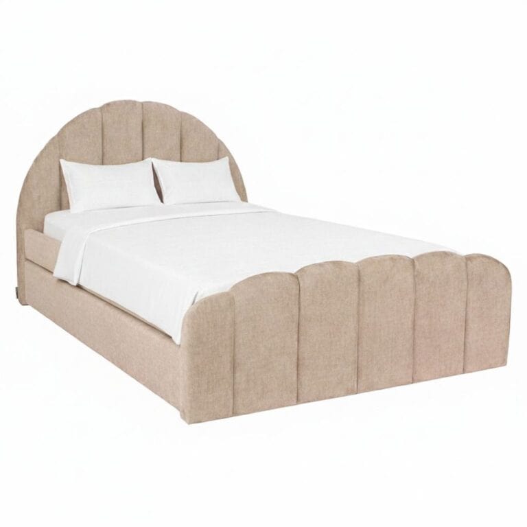 Luxury bed with beige chenille upholstery and white bedding.