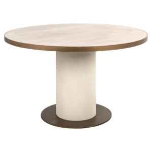 Moderner runder Esstisch „ Tivoli “ in Weiß und Holz, Durchmesser 130 cm.