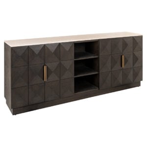 Anrichte Claremont mit geometrischem Muster und goldfarbenen Griffen.