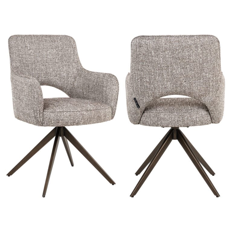 Moderne eetkamerstoel Ginerva met earth tweed bekleding en draaibare basis.