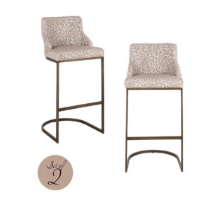 Set of 2 Bolton bar stools with natural upholstery and a metal frame.