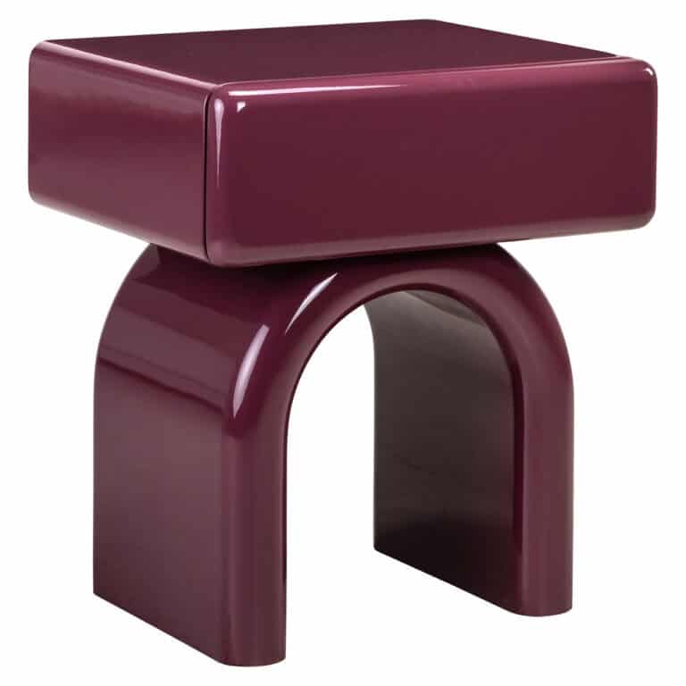 Burgundy nightstand with a modern design and a glossy finish.