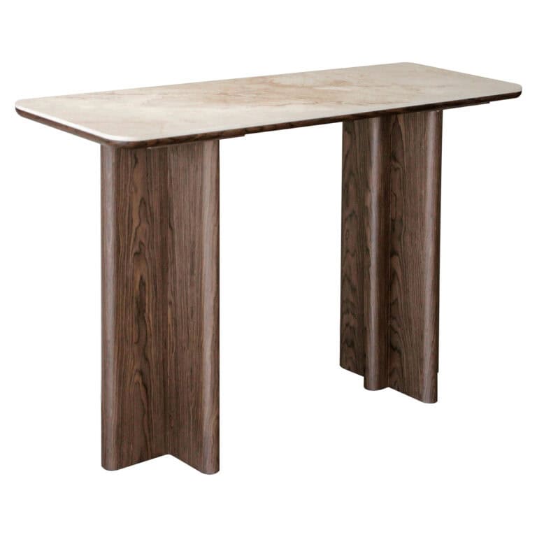 Houten console tafel met marmeren blad en houten poten.