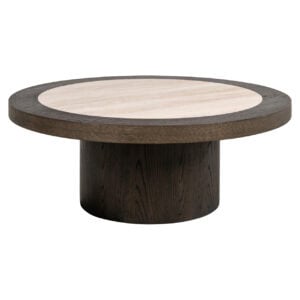 Table de salon e ronde et moderne, avec un piètement en bois foncé et un plateau clair.