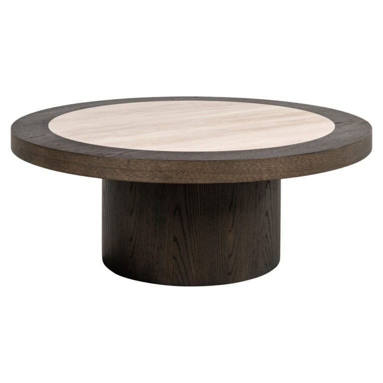 Moderne ronde salontafel met donker houten onderstel en lichte bovenkant.