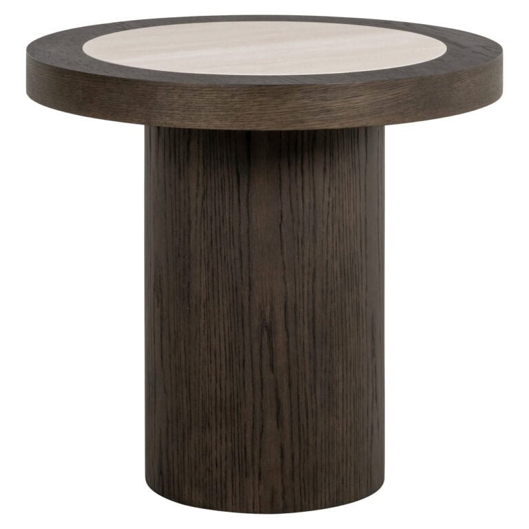 Bijzettafel Nando in bruin hout met ronde top en cilindervormige basis.