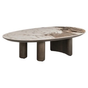 Élégante table « Table de salon » avec plateau en marbre et pieds en bois.