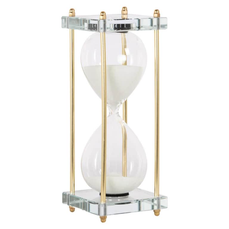 Decoratieve zandloper met goudkleurige details en glazen behuizing.