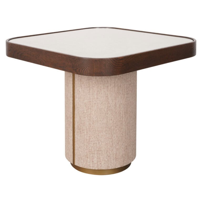 Willox modern side table with beige upholstery and a glass top.