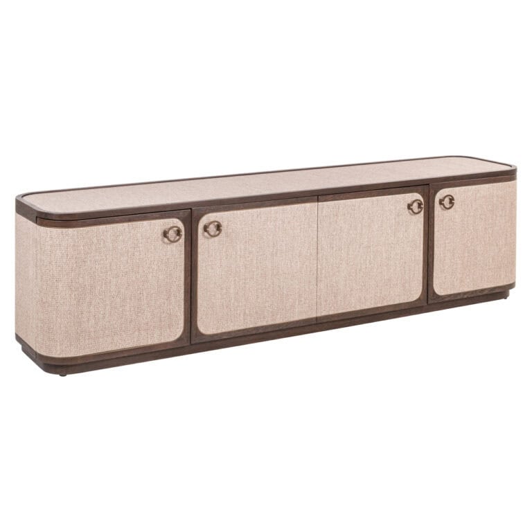 Elegant beige TV-meubel met 4 deuren en ronde handgrepen.