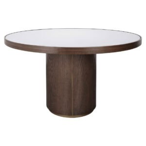Eettafel Willox beige met glazen blad en houten onderstel.