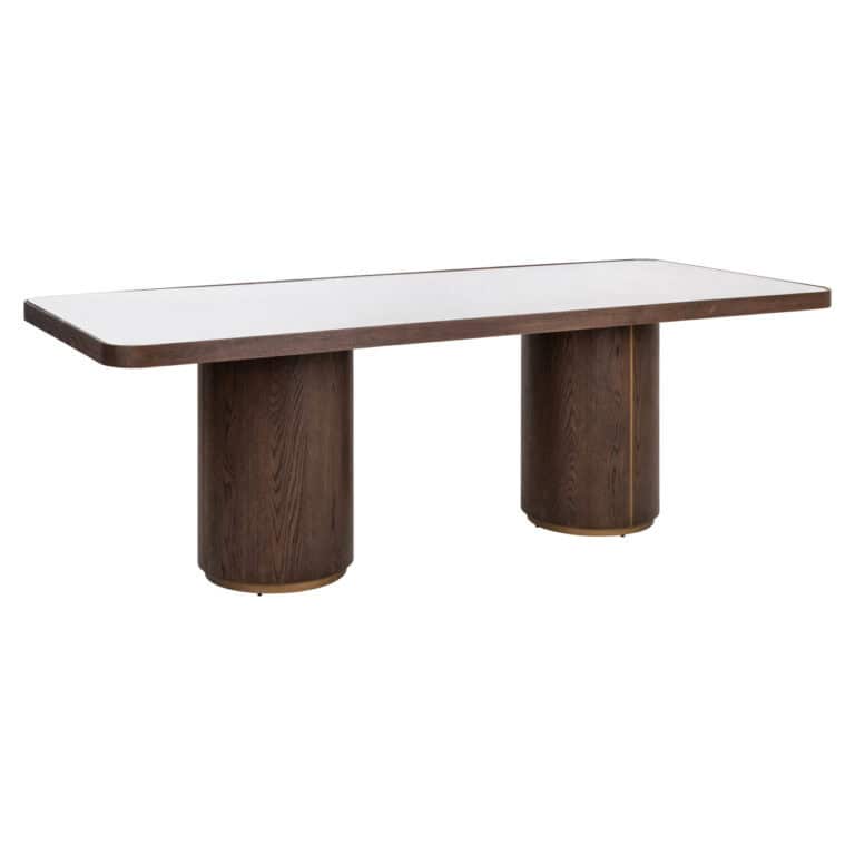 Esstisch „Willox“ in Beige mit Glasplatte und Holzbeinen.